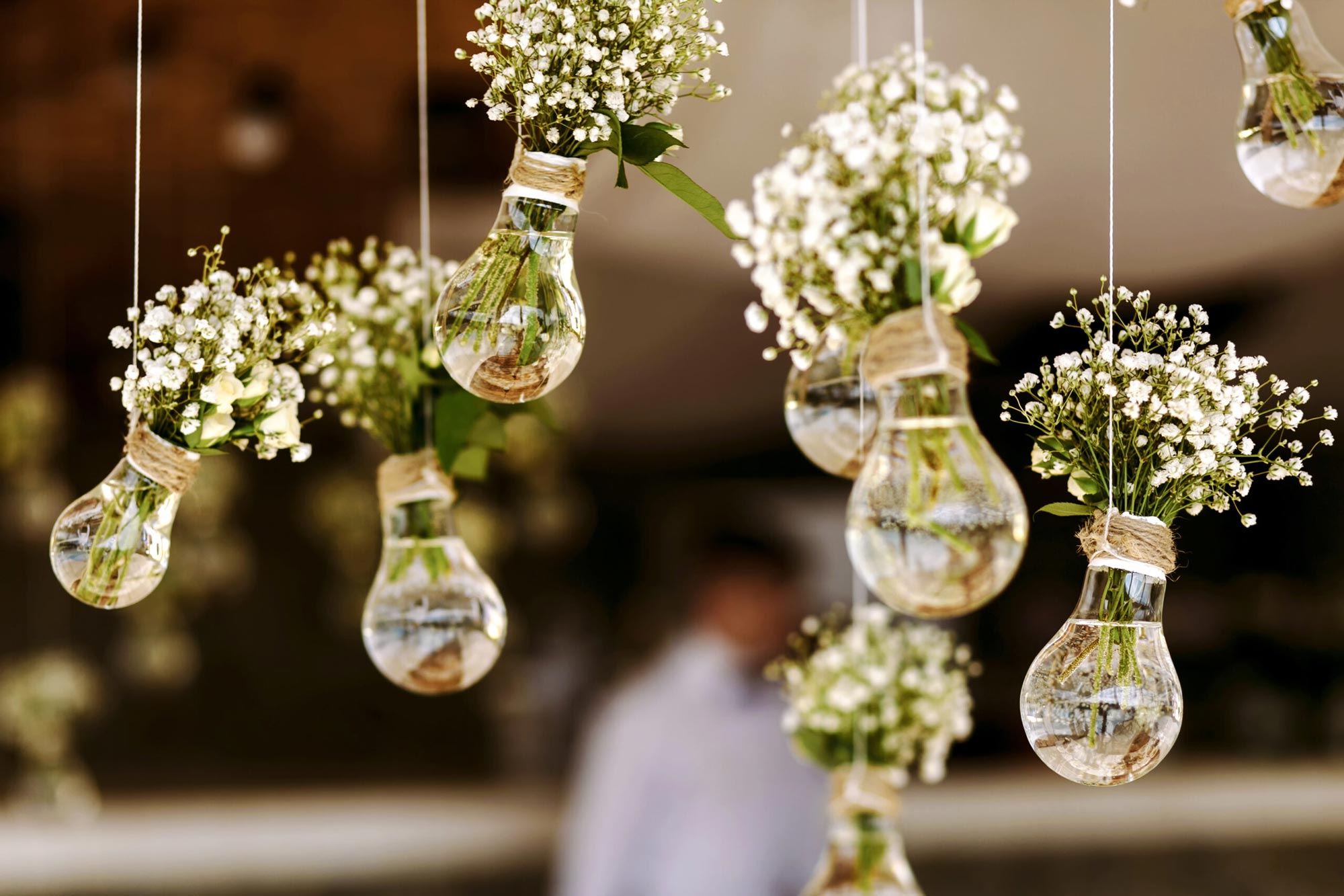 Vita blommor som hänger från taket